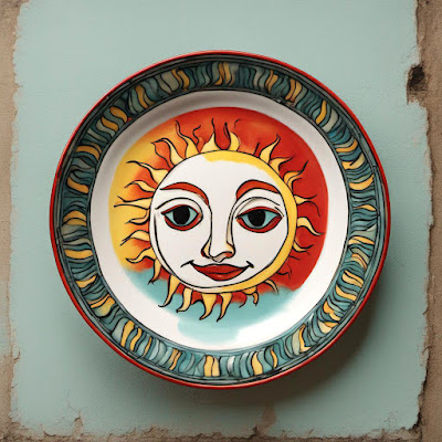 painted plate on wall with happy face sun