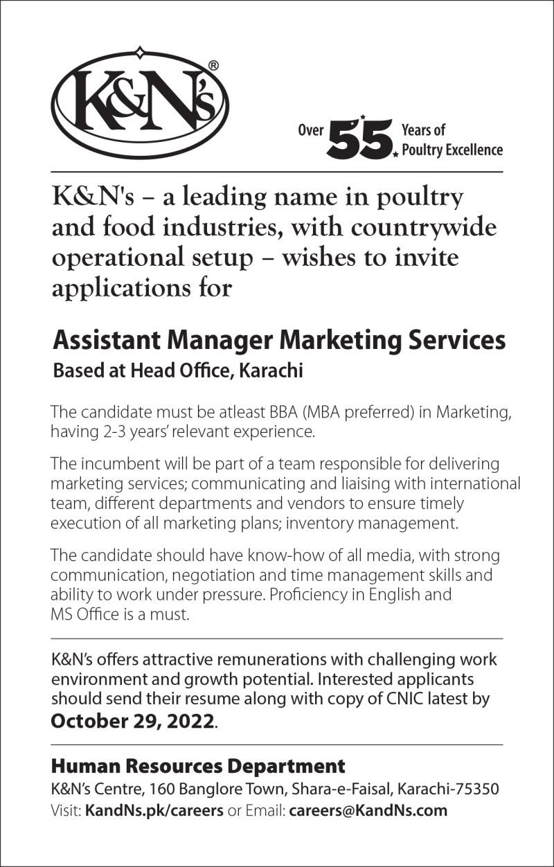 Assistant Manager Marketing Services Jobs at K&N’s Pakistan