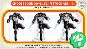 A retro styled frame like that of a choose your own adventure book with images of science fiction characters, three people in power armor, saying "you're the star of the series! choose from all possible combinations!"