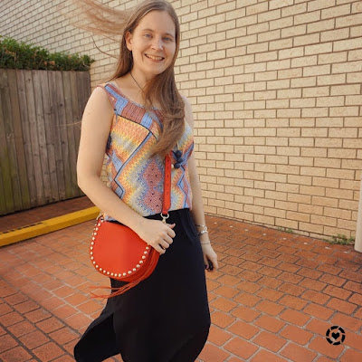 awayfromblue Instagram | windy outfit pic outtake printed tank black maxi skirt