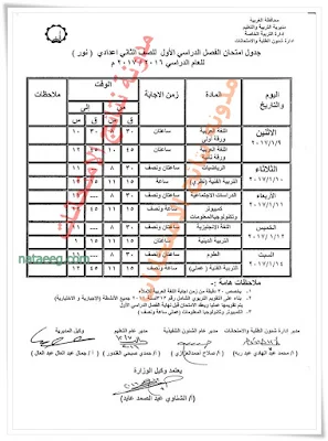 جدول امتحانات محافظة الغربيه الترم الاول 2017 جميع المراحل التعليميه