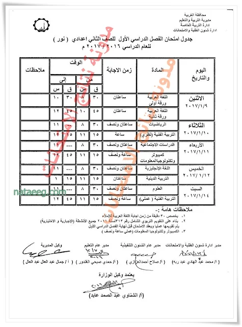 جدول امتحانات محافظة الغربيه الترم الاول 2017 جميع المراحل التعليميه