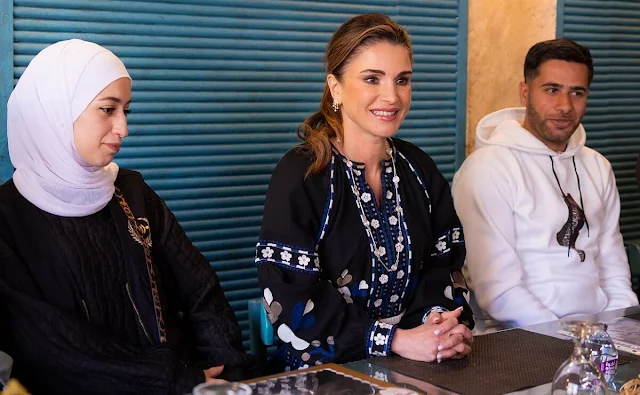 Queen Rania wore a new Shaina floral embroidered cotton midi dress by SEA New York. Thakafat and Nabataean Ladies Cooperative