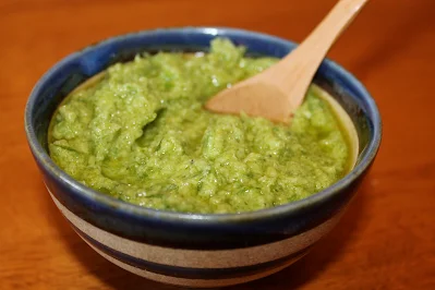 Bowl of garlic scape pesto.