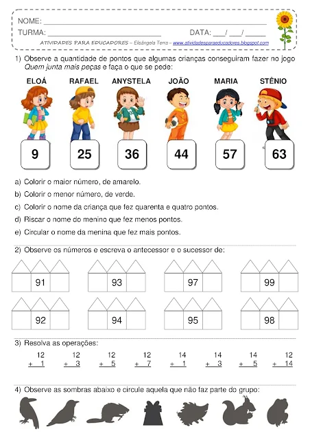 Atividades matemáticas - Números, Antecessor e sucessor, Adições e Sombras jpg