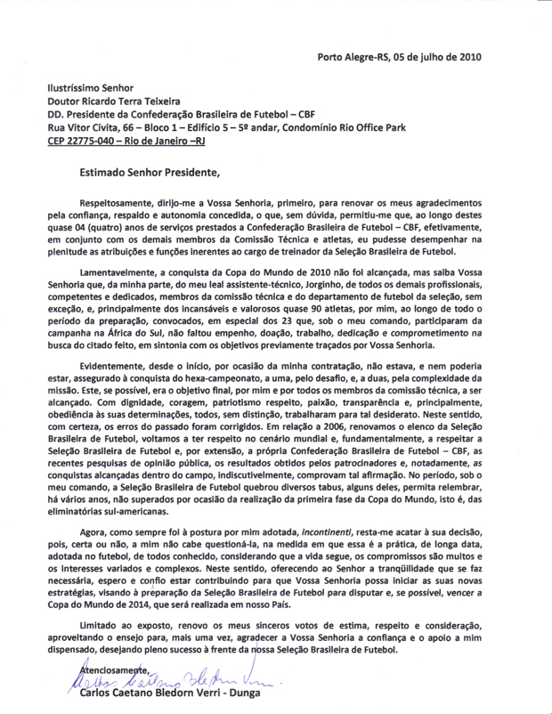 Dunga escreve carta a Ricardo Teixeira ~ Patrick Roberto