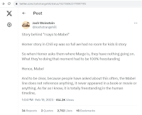 A screenshot of Josh Weinstein's Twitter account where he explained the origins of 'So I Says to Mabel', saying 'We had no room for the kids' story, so it had to be one-hundred percent freestanding. Hence Mabel'