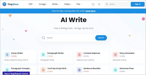 TinyWow AI Write 數十種人工智慧寫作工具