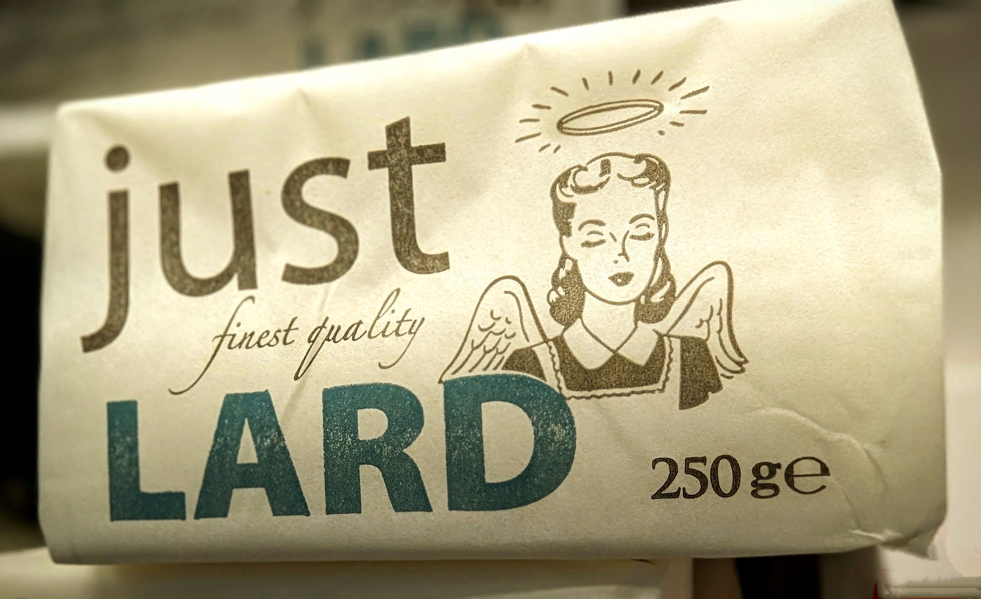 A packet of "Just Lard" on a supermarket shelf