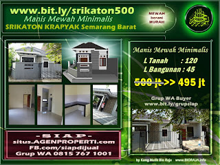 Cari rumah dijual di Srikaton Krapyak Semarang Barat? bit.ly/srikaton500 Rumah idaman keluarga adem asri. Desain mewah minimalis elit manis berani harga murah.   Harga hanya: Rp.495 juta  tipe rumah; 45/120  Luas bangunan 45 m2  Luas tanah 120 m2  