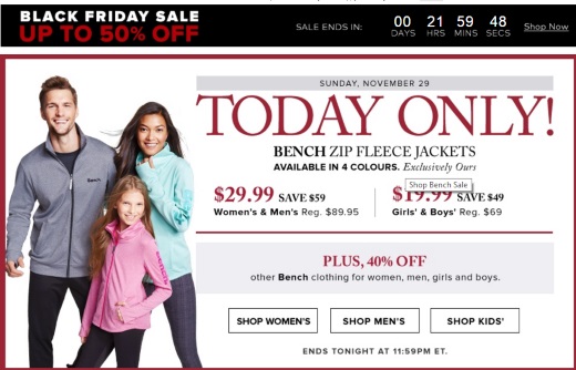 Hudson's Bay Black Friday Bench Zip Fleece Jackets $29.99 Adults, $19.99 Kids + 40% Off Other Bench Clothing