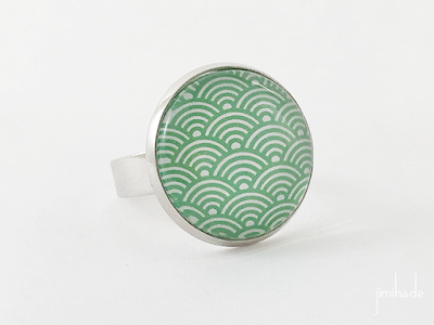 Ref : BAACA-SEIVE-1601-01 - Bague motif japonais vagues blanches sur fond vert