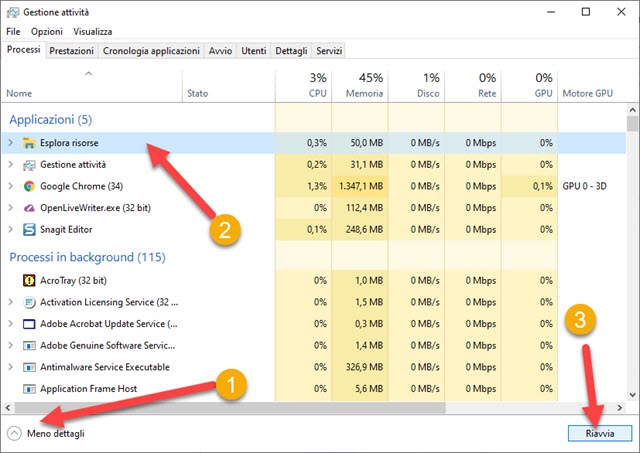riavviare esplora risorse con gestione attività