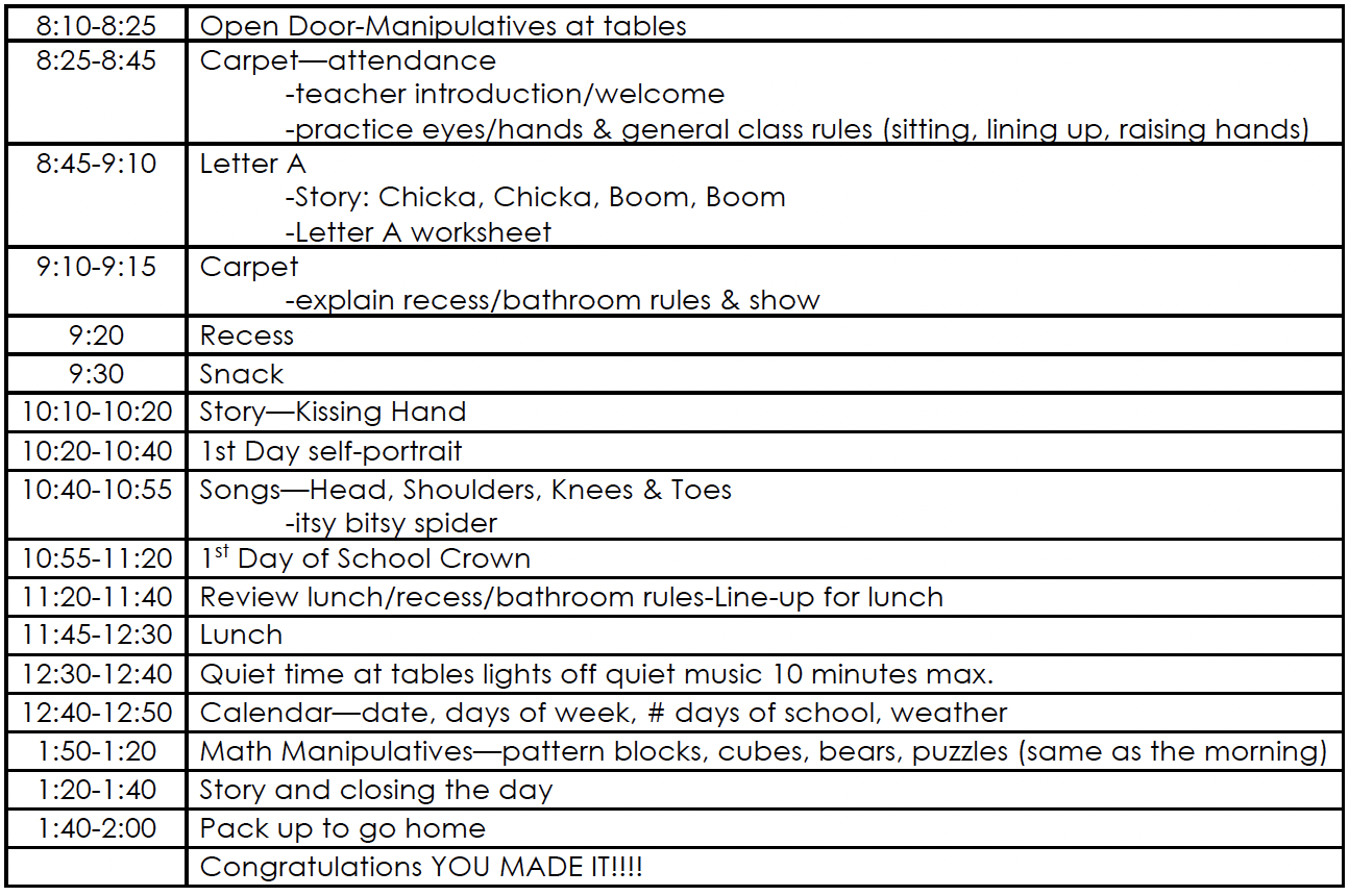 First Day of Kindergarten schedule of actiities