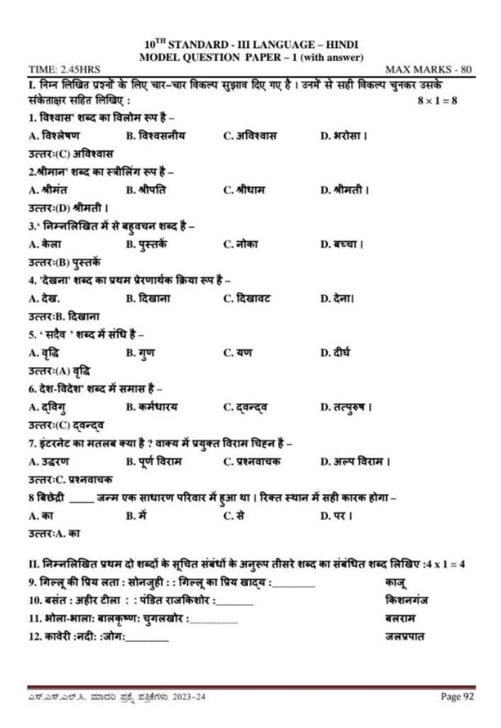 SSLC Hindi Question Papers 2024