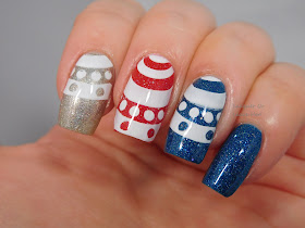 Spellbound Nails Rocket's Red Glare & Twilight's Last Gleaming + Literary Lacquers Stinky Little Truck + UberChic Beauty 10-02