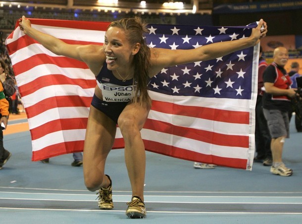 US Lolo Jones celebrates after winning the women's 60m hurdles final on March 8, 2008 pic