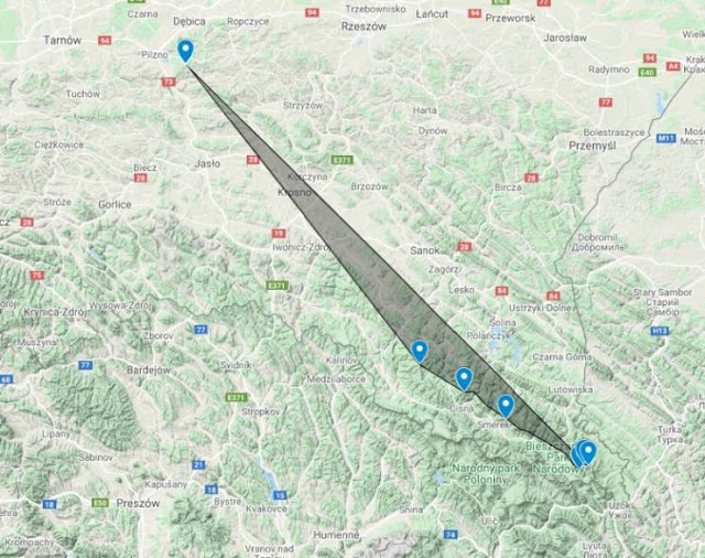 Bieszczady z Gębiczyny Mapka Google z kierunkiem obserwaci.