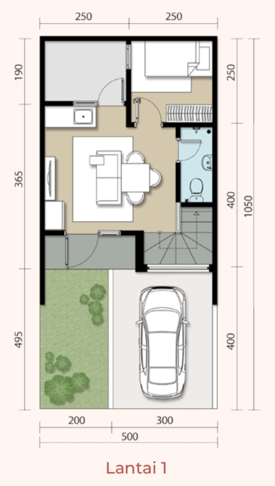 Denah rumah minimalis ukuran 5x10 meter 3 kamar tidur 2 lantai