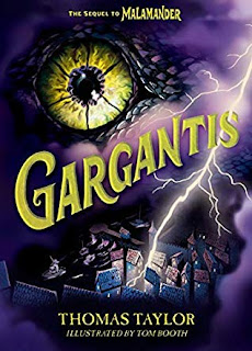 Book cover, 'Gargantis' by Thomas Taylor. Cover image depicts a giant eyeball in the lightning-wracked clouds above a small seaside town