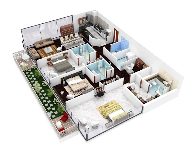 Denah Rumah Minimalis 3 kamar tidur 3D