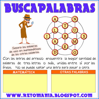 Busca palabras, Casillero numérico, Retos matemáticos, Desafíos matemáticos, Problemas matemáticos, Problemas de lógica