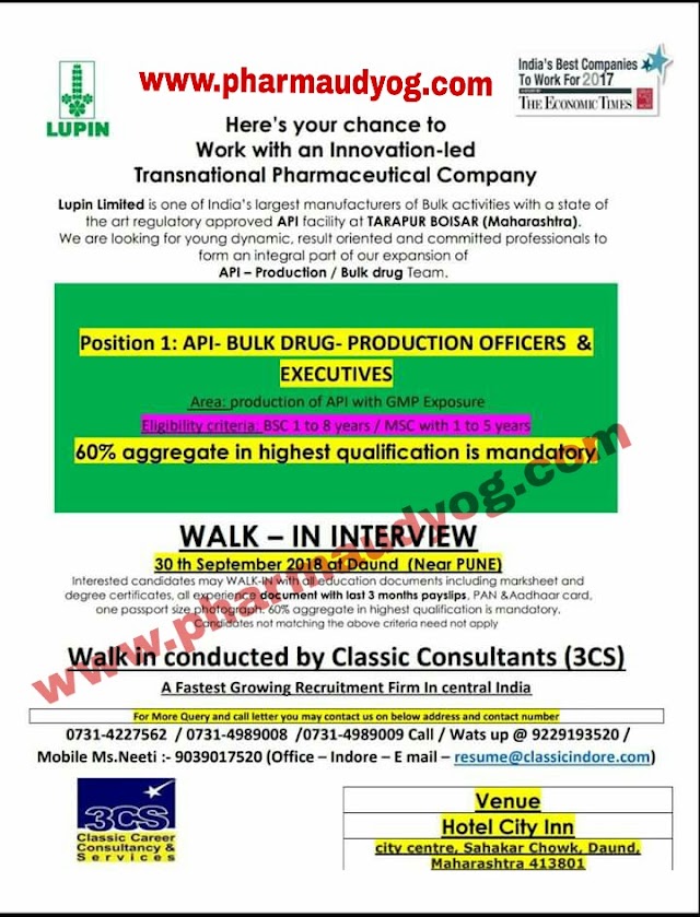 Lupin limited | Walk-In for Production | 30th September 2018 | Pune