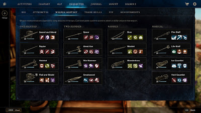A screenshot from the MMORPG New World showing all weapons leveled up to 20