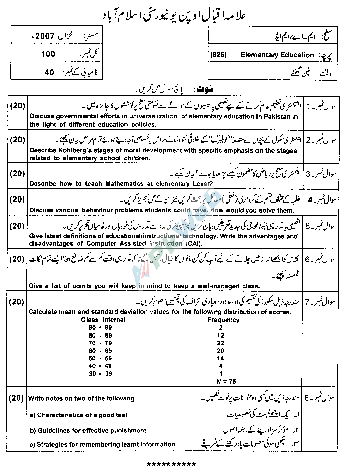 AIOU Bookcode 826 Elementary Education Autumn 2007 Post Graduate