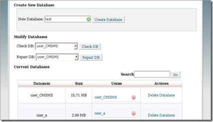 Jendela MySQL control Panel membuat database