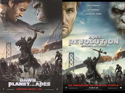 La locandina di ''Dawn of the planet of the apes'', in italiano ''Apes revolution - il pianeta delle scimmie''