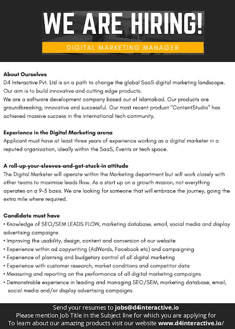D4 Interactive Jobs - Software Engineer, Content Marketing Manager, Digital Marketing Manager - Islamabad - 2018