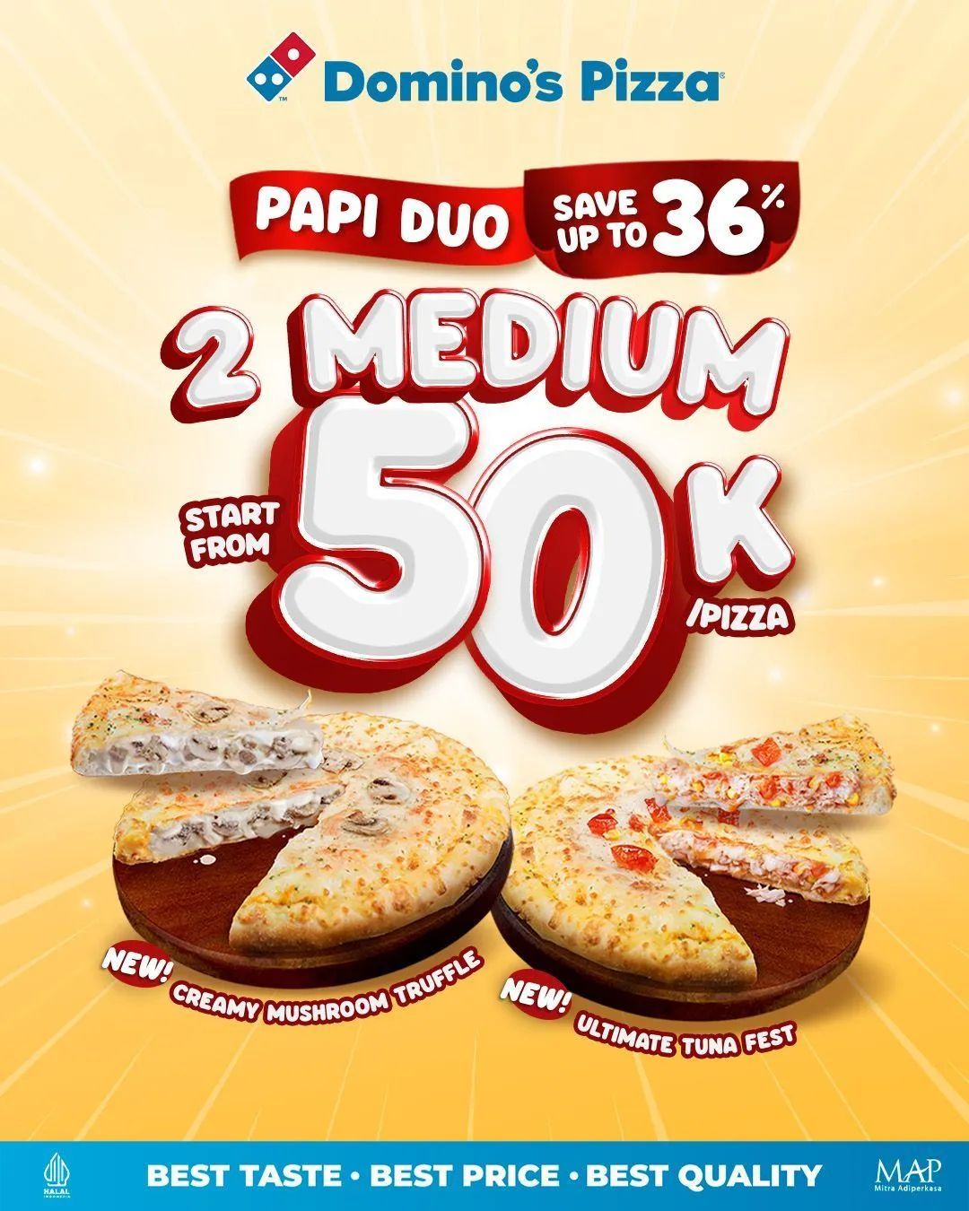 DOMINOS PIZZA Promo PAPI DUO – Beli Paket 2 Medium Pizza mulai Rp 50.000