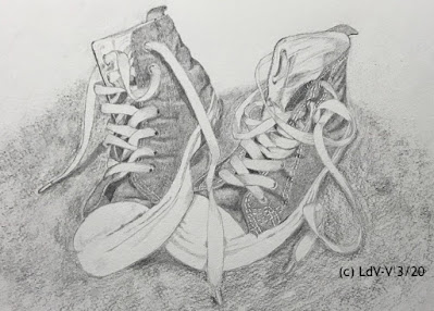 Graphite drawing of sneakers, casual shoes, white paper, artist Linzé Brandon, signed LdV-V