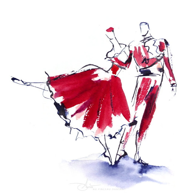 peinture, danse, espagnole, danse traditionnalle, illustration, danseurs, couple, danse classique, rouge, agnès au pinceau dansant, tableau, moderne, alizarines, aquarelle, art, artiste, romantique, ballet