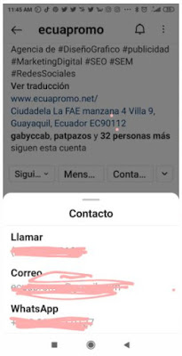 Ahora cuando tus seguidores le den clic a la opción "Contacto" de tu perfil, se les desplegará las opciones incluyendo el Whatsapp.