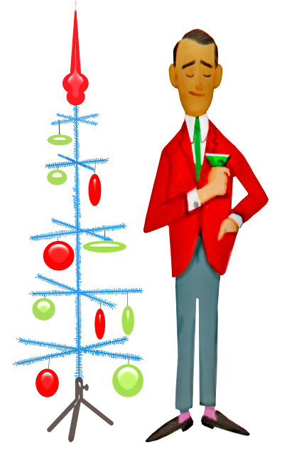 A 1960s style cartoon of a man holding a martini standing next to a Christmas tree.