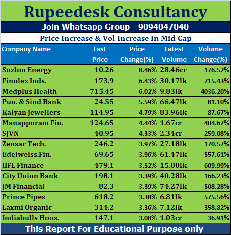 Price Increase & Vol Increase In Mid Cap