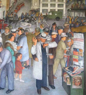 Busy street scene with mugging in foreground