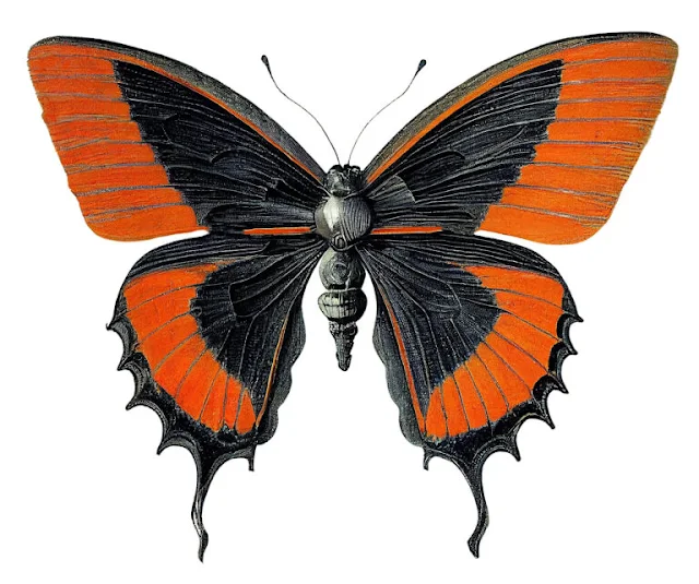 Vintage graphic of an orange and black butterfly.