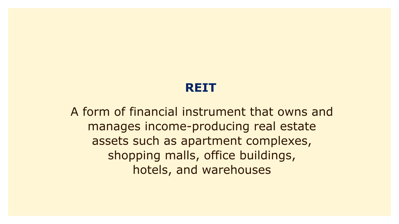 A form of financial instrument that owns and manages income-producing real estate assets such as apartment complexes, shopping malls, office buildings