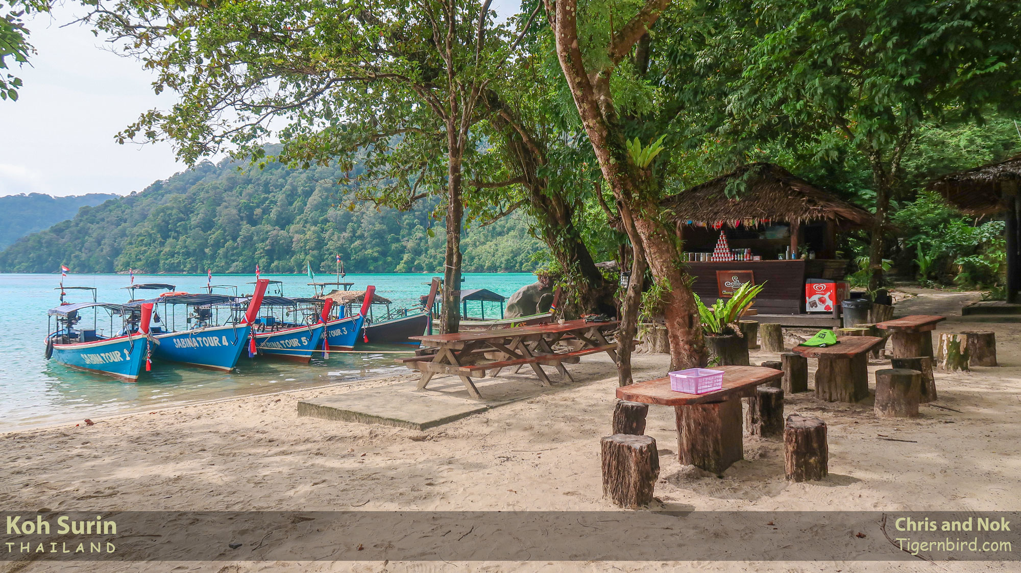 Coffee stands and picnic tables at Chong Khat Bay National Park Station on Surin Islands Thailand
