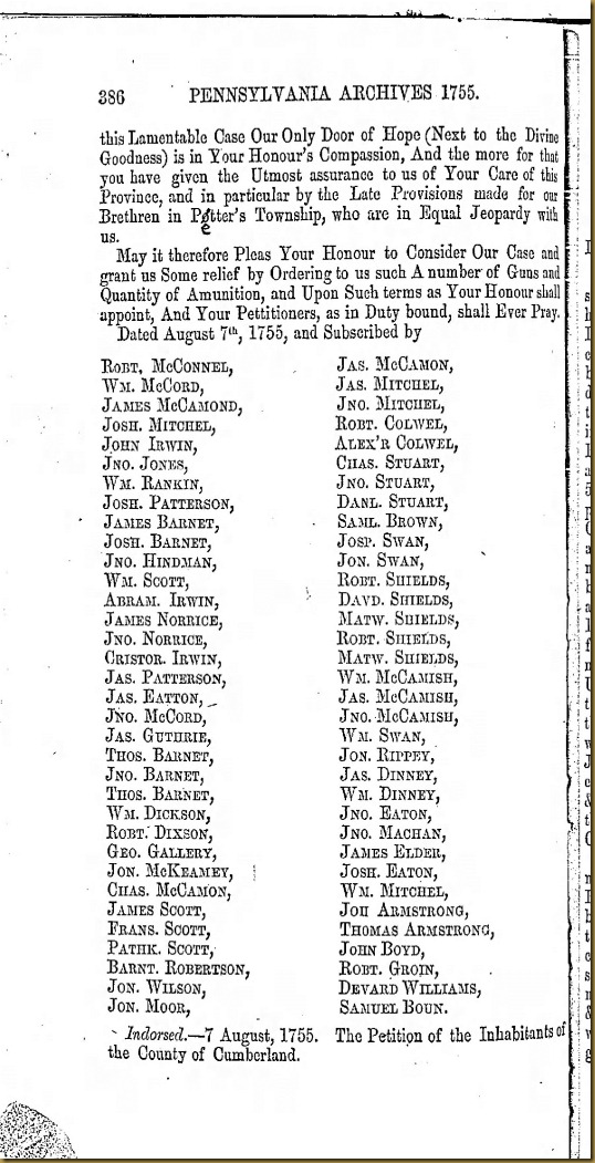 Pennsylvania Archives Series 1 Volume II 1755 Petition of Defence from Cumberland Page 386