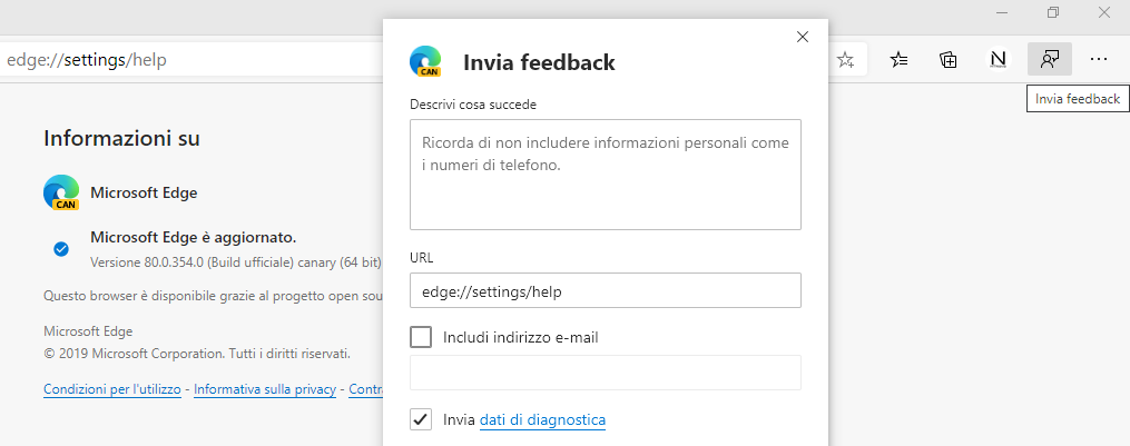 Nuova icona Invia feedback per Microsoft Edge Chromium