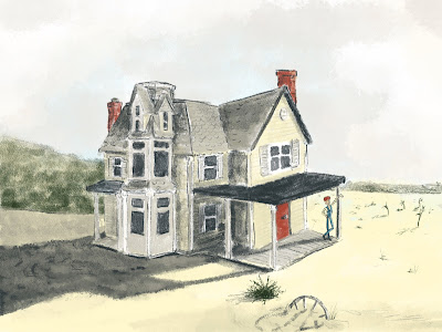 Illustration of Jack's house from Jack and the Beanstalk story, with Jack standing on the porch.