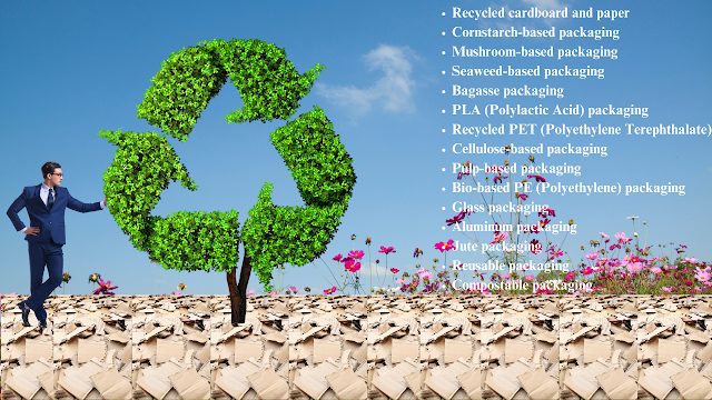 man stood on cardboard leaning against a eco sign tree with a list of 15 eco friendly packaging materials