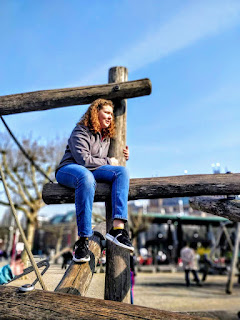 Top Ender looking tiny on a climbing frame in Amsterdam.