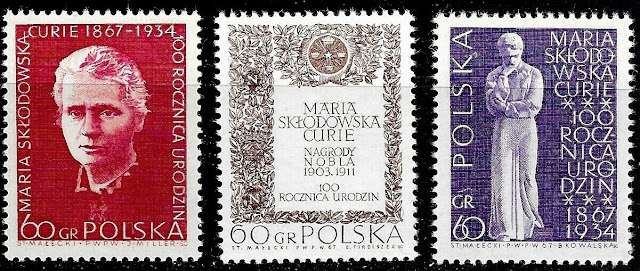 1967 Poland full set 3 stamps Birth Centenary of Marie Curie
