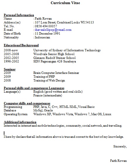 Contoh Format Curriculum Vitae Dalam Bahasa Inggris 