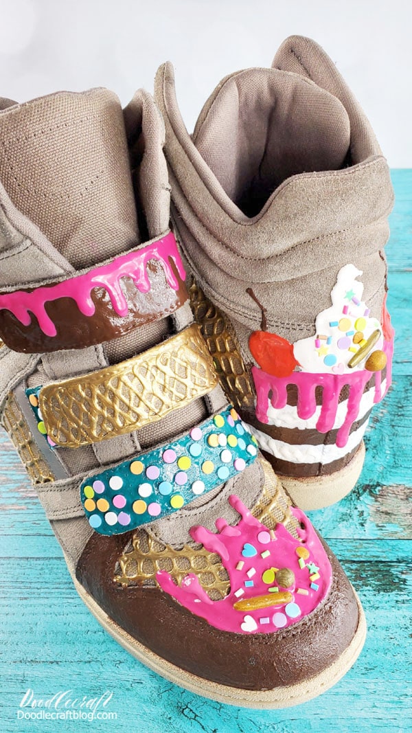 Turn a pair of comfy wedges into the cutest dessert shoes.   These shoes are the talk of the town, trust me, everyone will notice these fun shoes!   Ice cream cone, melty ice cream, layered cake with sprinkles and a drip--these tasty looking kicks have it all.